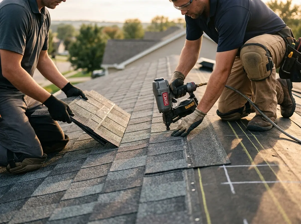 Professional roofer working on a residential roof in Pensacola